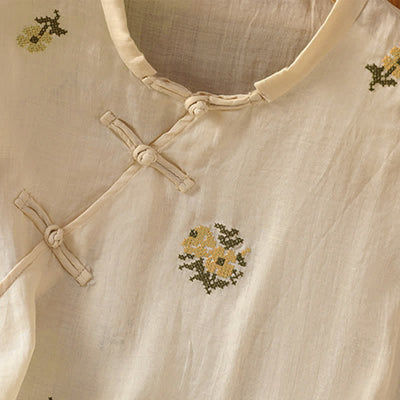 Buddha Stones Summer Casual Tang Style Mandarin Collar Embroidery Floral Tank Top Women's Sleeveless Shirts - image 4