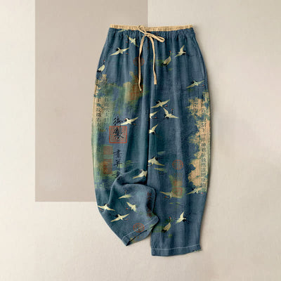 Buddha Stones Pure Cotton Vintage Crane Calligraphy Pattern Women's Elastic Waist Pants With Pockets - SteelBlue - US16，UK/AU20，EU48 (3XL) - image 4