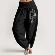 Foviel reine Baumwolle Sun Moon Stars Muster Damen elastische Taille Harem Hose