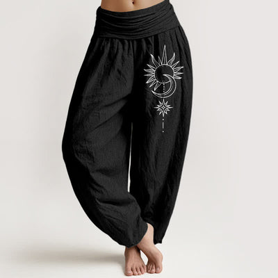 Buddha Stones Pure Cotton Sun Moon Stars Pattern Women's Elastic Waist Harem Pants - Black - US16，UK/AU20，EU48 (3XL) - image 5