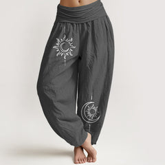 Buddha Stones Pure Cotton Moon Sun Pattern Women's Elastic Waist Harem Pants - DimGray - US16，UK/AU20，EU48 (3XL) - image 0