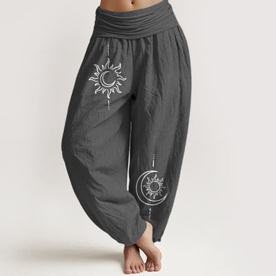 Buddha Stones Pure Cotton Moon Sun Pattern Women's Elastic Waist Harem Pants - DimGray - US16，UK/AU20，EU48 (3XL) - image 0