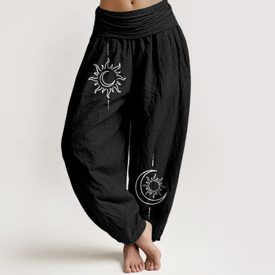 Buddha Stones Pure Cotton Moon Sun Pattern Women's Elastic Waist Harem Pants - Black - US16，UK/AU20，EU48 (3XL) - image 5