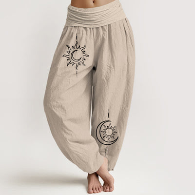 Buddha Stones Pure Cotton Moon Sun Pattern Women's Elastic Waist Harem Pants - Tan - US16，UK/AU20，EU48 (3XL) - image 11