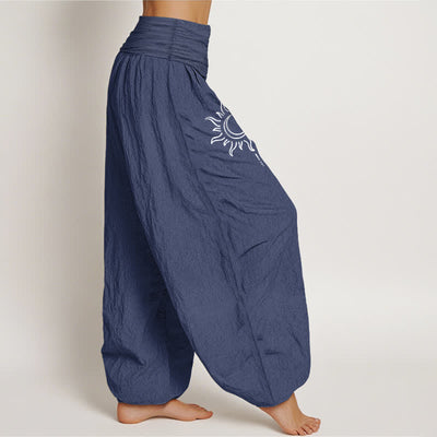 Buddha Stones Pure Cotton Moon Sun Pattern Women's Elastic Waist Harem Pants - image 9