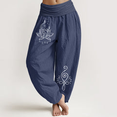 Buddha Stones Pure Cotton Lotus Moon Pattern Women's Elastic Waist Harem Pants - DarkSlateBlue - US16，UK/AU20，EU48 (3XL) - image 0