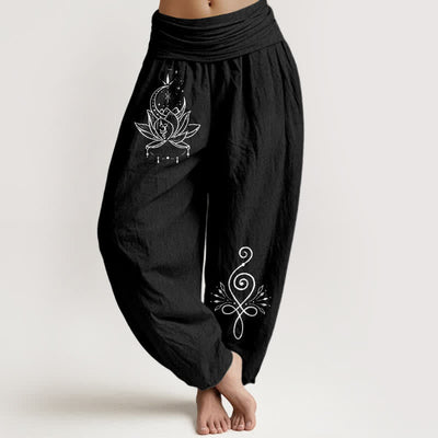 Buddha Stones Pure Cotton Lotus Moon Pattern Women's Elastic Waist Harem Pants - Black - US16，UK/AU20，EU48 (3XL) - image 5