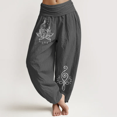 Buddha Stones Pure Cotton Lotus Moon Pattern Women's Elastic Waist Harem Pants - DimGray - US16，UK/AU20，EU48 (3XL) - image 8