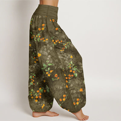Buddha Stones Cotton Orange Blossom Vine Pattern Women's Elastic Waist Harem Pants - image 6