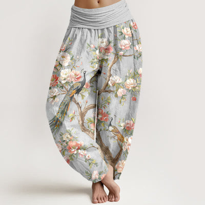 Buddha Stones Cotton Peacock Blossom Pattern Women's Elastic Waist Harem Pants - Silver - US16，UK/AU20，EU48 (3XL) - image 5