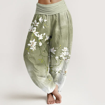 Buddha Stones Pure Cotton White Magnolia Branch Pattern Women's Elastic Waist Harem Pants - Olive - US16，UK/AU20，EU48 (3XL) - image 8