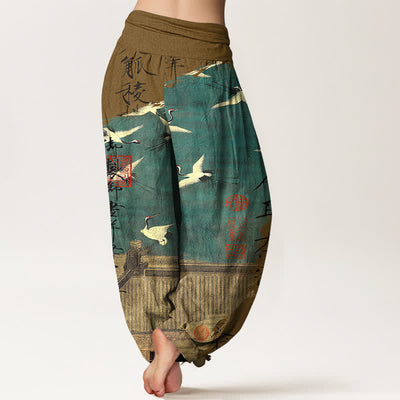 Buddha Stones Cotton Flying Crane Seal Pattern Women's Elastic Waist Harem Pants - image 10