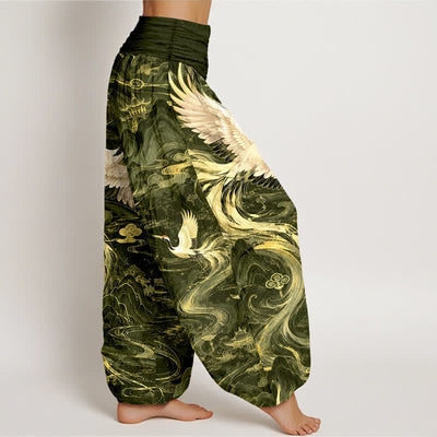 Buddha Stones Cotton Flying Crane Wave Pattern Women's Elastic Waist Harem Pants - image 9