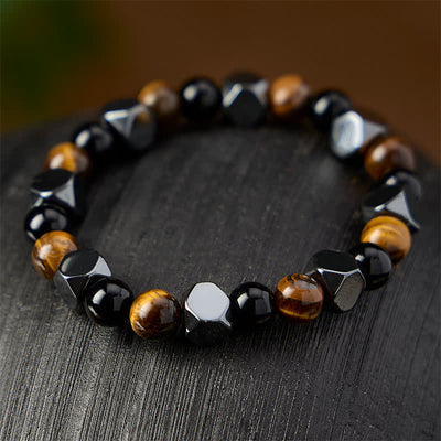Buddha Stones Black Obsidian Tiger Eye Hematite Faceted Protection Bracelet - image 2
