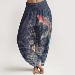 Buddha Stones Lotus Koi Fish Pattern Women's Elastic Waist Pure Cotton Harem Pants - SlateBlue - US16，UK/AU20，EU48 (3XL) - image 0