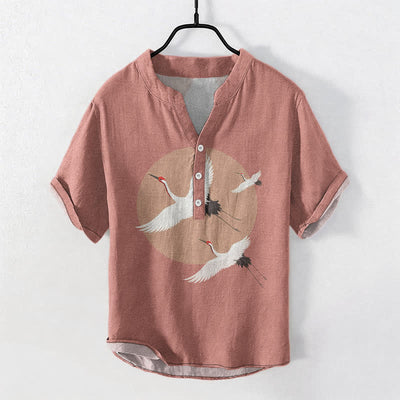 Buddha Stones Cotton Red Crown Crane Pattern Men's Short Sleeve Half Button Shirt - LightCoral - US/UK/AU50，EU60 (5XL) - image 0