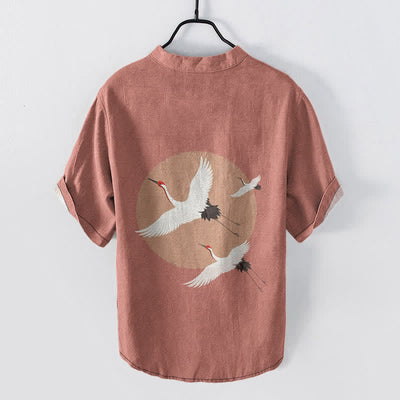 Buddha Stones Cotton Red Crown Crane Pattern Men's Short Sleeve Half Button Shirt - image 1