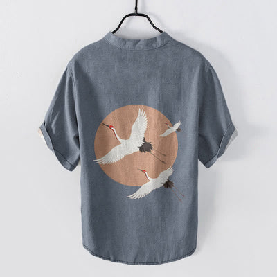 Buddha Stones Cotton Red Crown Crane Pattern Men's Short Sleeve Half Button Shirt - image 6