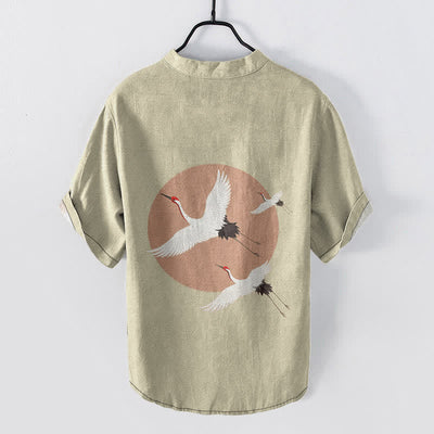 Buddha Stones Cotton Red Crown Crane Pattern Men's Short Sleeve Half Button Shirt - image 8