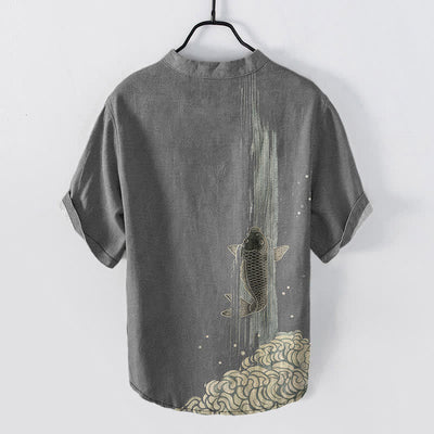 Buddha Stones Cotton Koi Fish Water Ripple Pattern Men's Short Sleeve Half Button Shirt - image 6