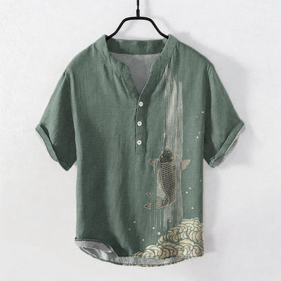 Buddha Stones Cotton Koi Fish Water Ripple Pattern Men's Short Sleeve Half Button Shirt - DarkSeaGreen - US/UK/AU50，EU60 (5XL) - image 0