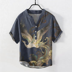 Buddha Stones Cotton Gilded Crane Wave Pattern Men's Short Sleeve Half Button Shirt - Navy - US/UK/AU50，EU60 (5XL) - image 0