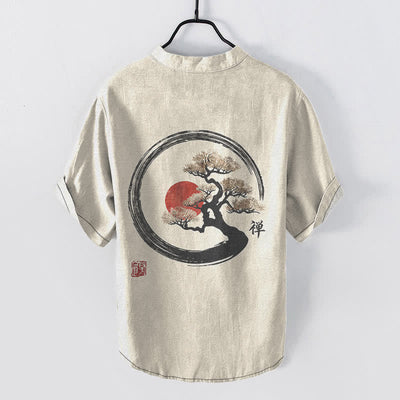 Buddha Stones Cotton Zen Ink Bonsai Sun Pattern Men's Short Sleeve Half Button Shirt - image 1