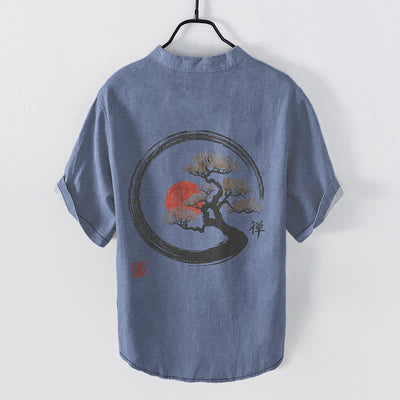 Buddha Stones Cotton Zen Ink Bonsai Sun Pattern Men's Short Sleeve Half Button Shirt - image 8