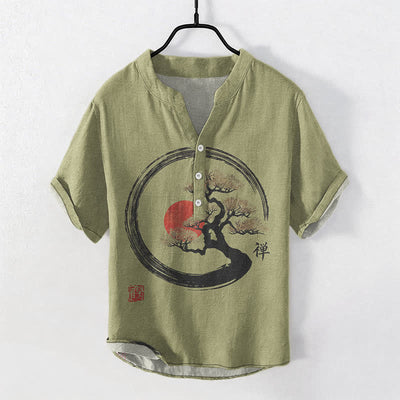 Buddha Stones Cotton Zen Ink Bonsai Sun Pattern Men's Short Sleeve Half Button Shirt - OliveDrab - US/UK/AU50，EU60 (5XL) - image 5
