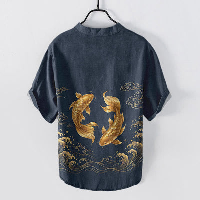 Buddha Stones Cotton Golden Koi Fish Pattern Men's Short Sleeve Half Button Shirt - image 1
