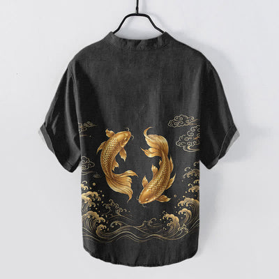 Buddha Stones Cotton Golden Koi Fish Pattern Men's Short Sleeve Half Button Shirt - image 6