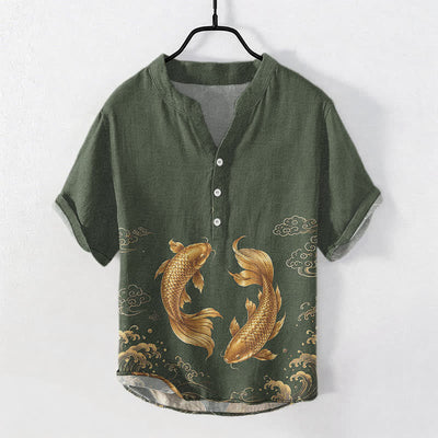 Buddha Stones Cotton Golden Koi Fish Pattern Men's Short Sleeve Half Button Shirt - DarkOliveGreen - US/UK/AU50，EU60 (5XL) - image 7