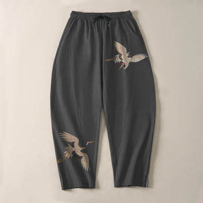 Buddha Stones Pure Cotton Twin Crane Pattern Drawstring Men's Tapered Pants With Pockets - image 2