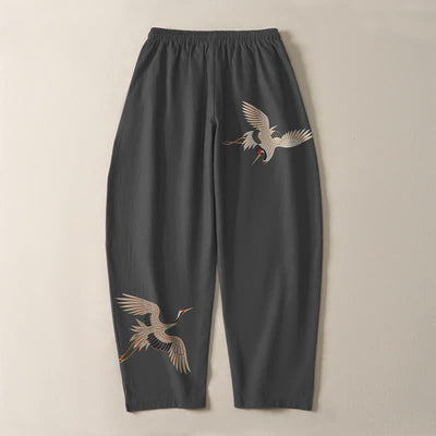 Buddha Stones Pure Cotton Twin Crane Pattern Drawstring Men's Tapered Pants With Pockets - image 3