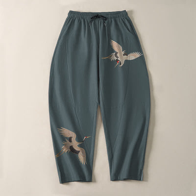 Buddha Stones Pure Cotton Twin Crane Pattern Drawstring Men's Tapered Pants With Pockets - image 9