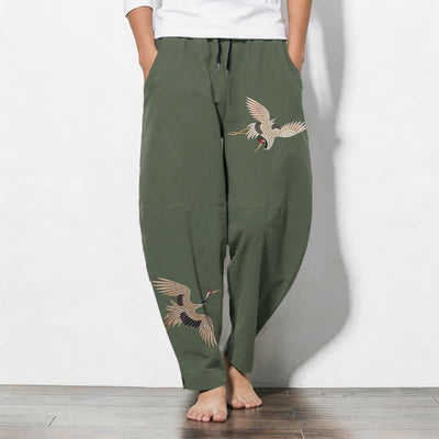 Buddha Stones Pure Cotton Twin Crane Pattern Drawstring Men's Tapered Pants With Pockets - DarkOliveGreen - US/UK/AU50，EU60 (5XL) - image 11