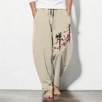 Buddha Stones Pure Cotton Zen Plum Blossom Pattern Drawstring Men's Tapered Pants With Pockets - Beige - US/UK/AU50，EU60 (5XL) - image 0