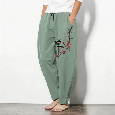 Buddha Stones Pure Cotton Zen Plum Blossom Pattern Drawstring Men's Tapered Pants With Pockets - image 8