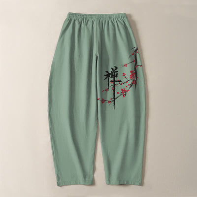 Buddha Stones Pure Cotton Zen Plum Blossom Pattern Drawstring Men's Tapered Pants With Pockets - image 10