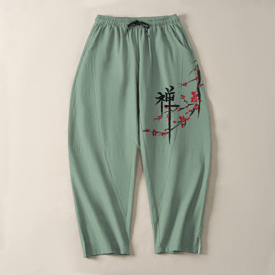 Buddha Stones Pure Cotton Zen Plum Blossom Pattern Drawstring Men's Tapered Pants With Pockets - image 9
