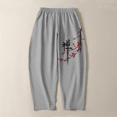 Buddha Stones Pure Cotton Zen Plum Blossom Pattern Drawstring Men's Tapered Pants With Pockets - image 14