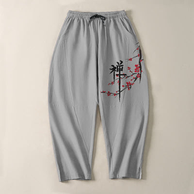 Buddha Stones Pure Cotton Zen Plum Blossom Pattern Drawstring Men's Tapered Pants With Pockets - image 13