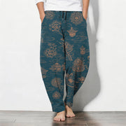 Foviel Pure Cotton Lotus Pavilion Cloud Pattern Drawstring Men's Tapered Pants With Pockets