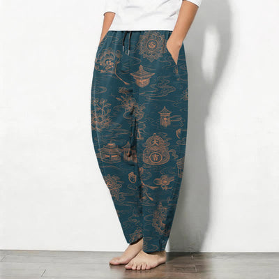 Buddha Stones Pure Cotton Lotus Pavilion Cloud Pattern Drawstring Men's Tapered Pants With Pockets - image 1