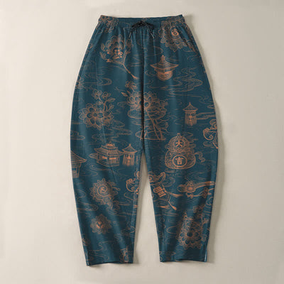 Buddha Stones Pure Cotton Lotus Pavilion Cloud Pattern Drawstring Men's Tapered Pants With Pockets - image 2