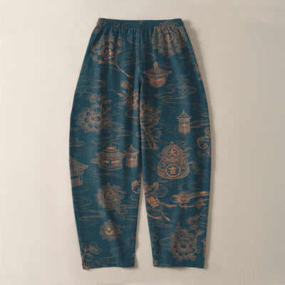 Buddha Stones Pure Cotton Lotus Pavilion Cloud Pattern Drawstring Men's Tapered Pants With Pockets - image 3