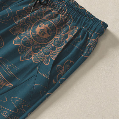 Buddha Stones Pure Cotton Lotus Pavilion Cloud Pattern Drawstring Men's Tapered Pants With Pockets - image 4