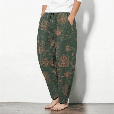 Buddha Stones Pure Cotton Lotus Pavilion Cloud Pattern Drawstring Men's Tapered Pants With Pockets - image 12