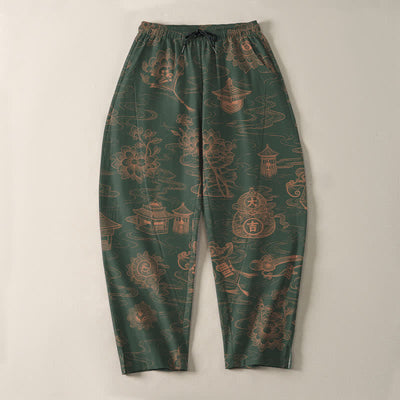 Buddha Stones Pure Cotton Lotus Pavilion Cloud Pattern Drawstring Men's Tapered Pants With Pockets - image 13
