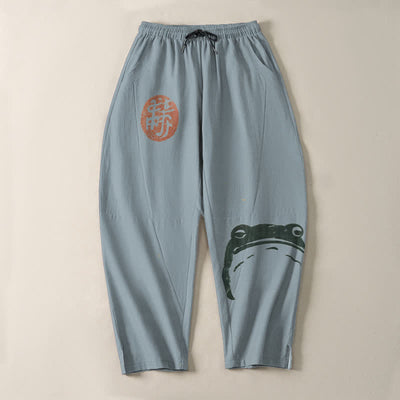 Buddha Stones Pure Cotton Seal Frog Pattern Drawstring Men's Tapered Pants With Pockets - image 9